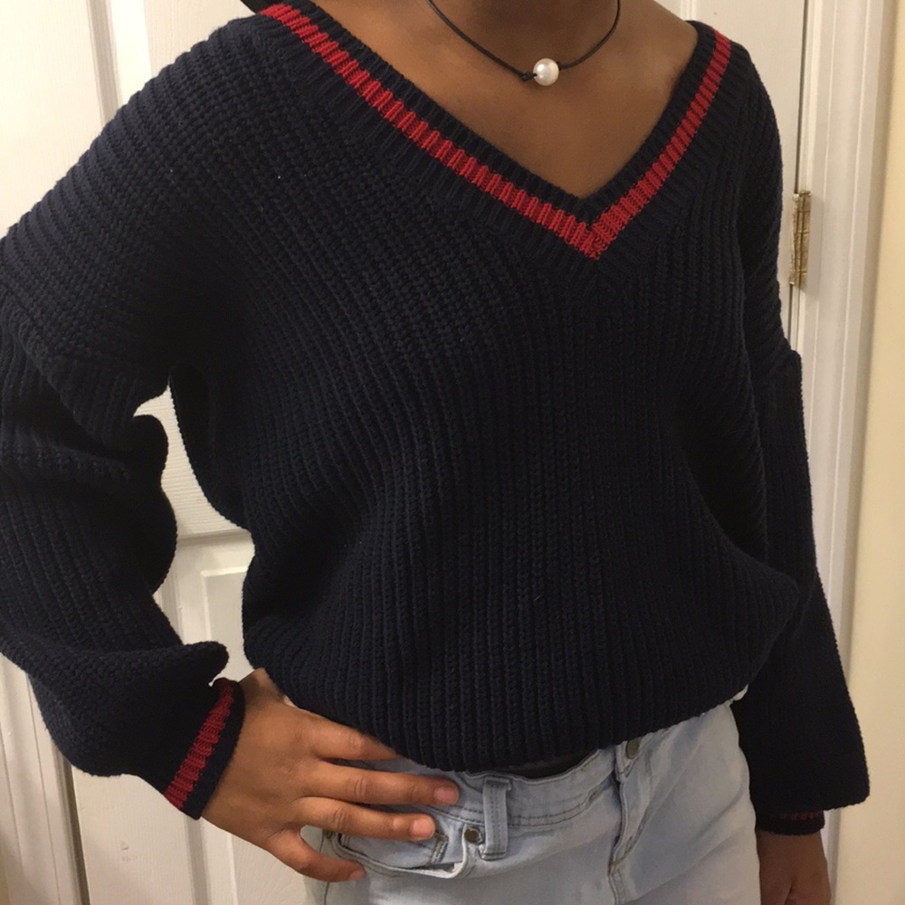 NEVER WORN blue with red detail wool sweater